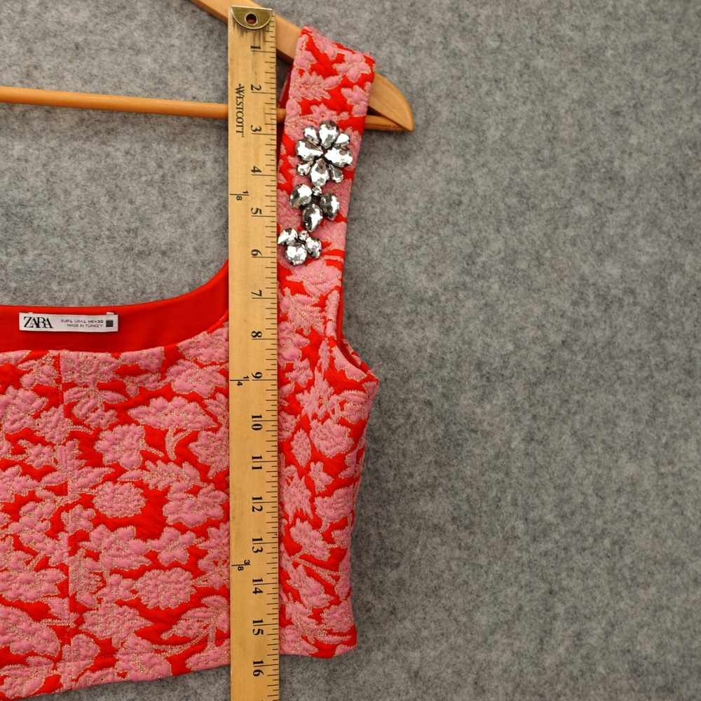 Zara Women Large Red Pink Metallic Floral Crop Tank Top Fitted Bustier Embellish - Picture 6 of 12